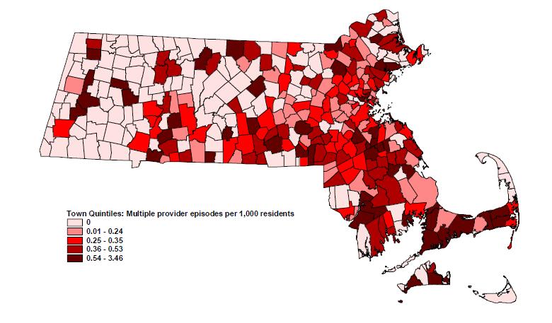 Spatial Distribution of Multiple Provider Episodes in MA Multiple Provider Episode Rates in Massachusetts (CY 2013).
