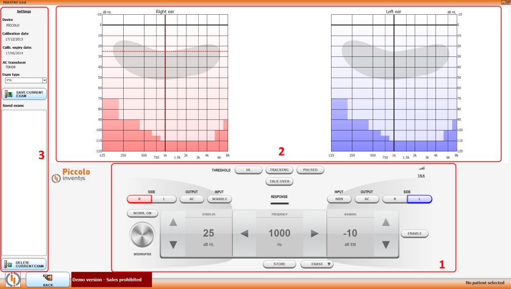 This screen is made up of three areas: 1. the audiometer control panel 2. the audiogram (pure tone and speech) 3.