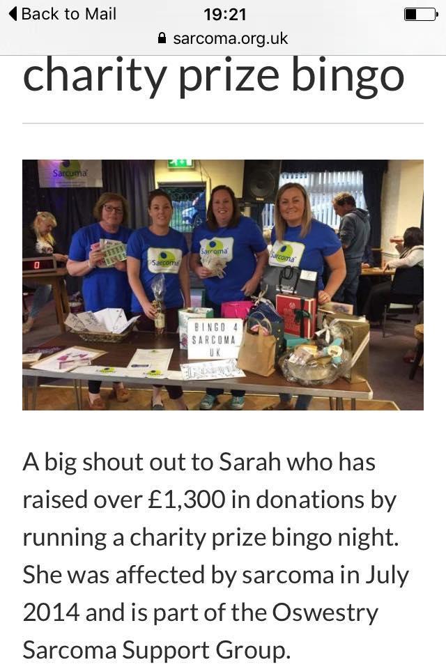 As we know Sarcoma is a rare cancer, I decided to do some fundraising and raise awareness by holding a prize bingo evening.