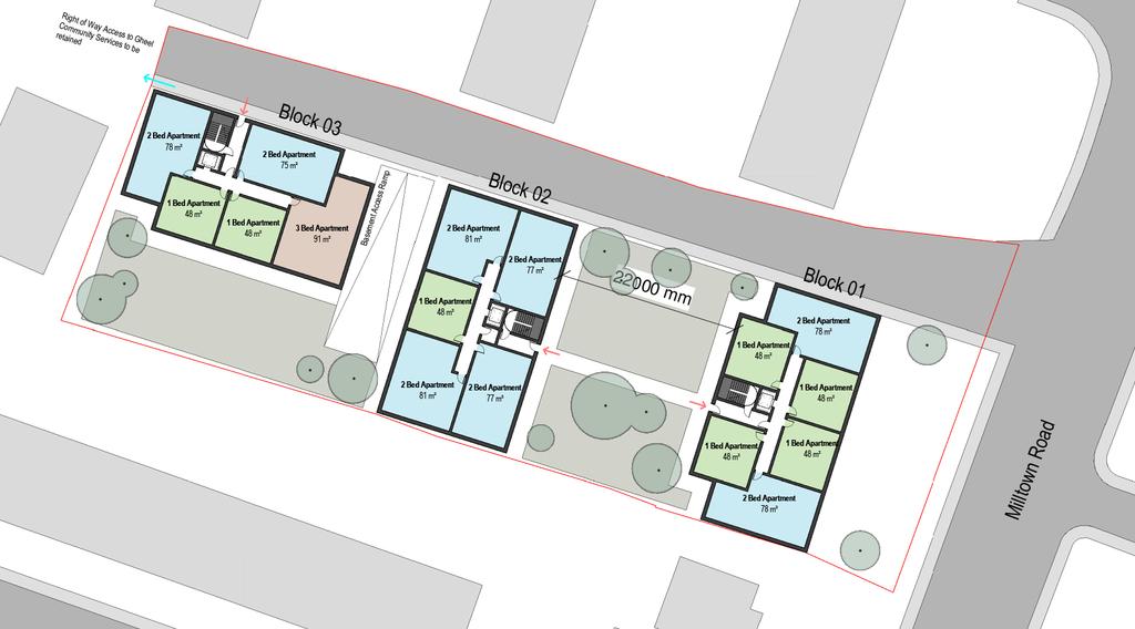 accommodate a scheme of 67 apartments laid out in 3 blocks for the following: - 27 no. 1 Bed apartments (c.48 sq.m.) 36 no.