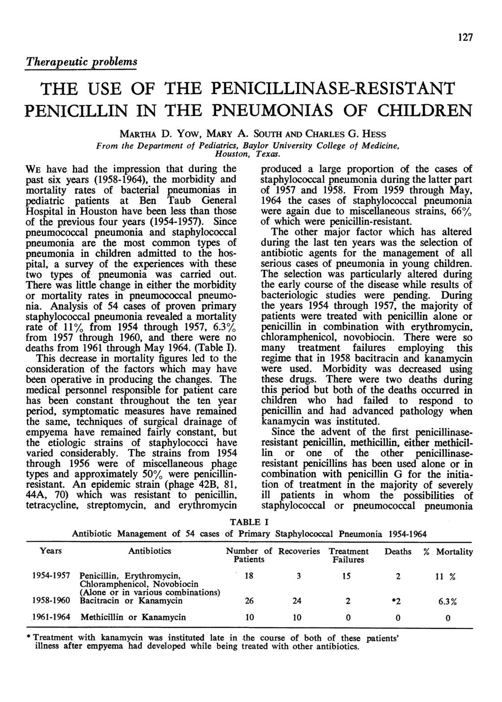 Therapeutic problems THE USE OF THE PENICILLINASE-RESISTANT PENICILLIN IN THE PNEUMONIAS OF CHILDREN MARTHA D. Yow, MARY A. SOUTH AND CHARLES G.
