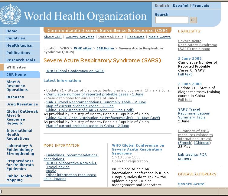 WHO real time guidelines, SARS, 2003: www.who.
