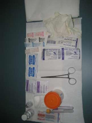 Alcohol wipes Povidone-iodine wipes Gloves Sterile drapes Needles and syringes