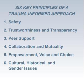 Trauma informed care Practice Realises the impact of trauma & Principles Understands the paths to recovery Recognises the signs of trauma in clients,