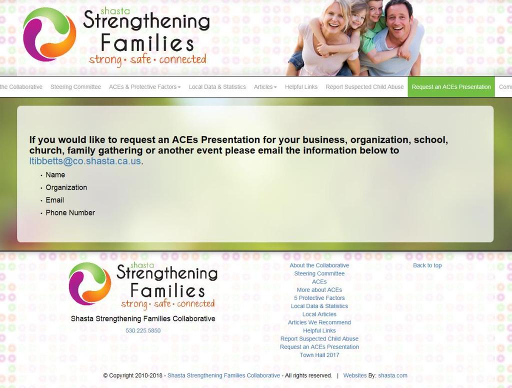 Shasta Strengthening Families website Request an
