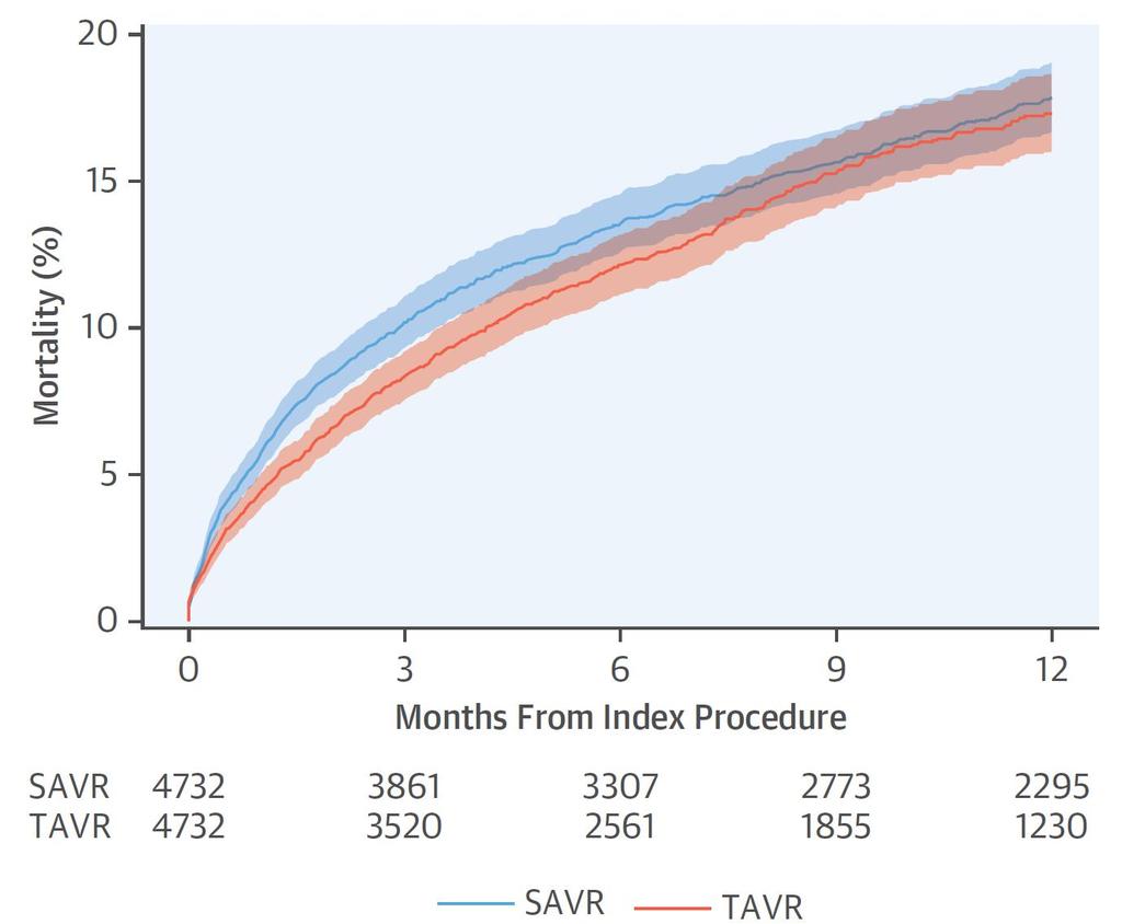 6% (similar to PARTNER 2) o Among TAVR patients, transfemoral access in 76%, and the valve prosthesis used was the CoreValve in 33% and the Sapien in 67%. TAVR 17.3% SAVR 17.9% P = 0.