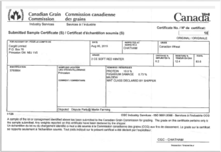 Subject to Inspector s Grade and Dockage Sample submitted to the Canadian Grain Commission