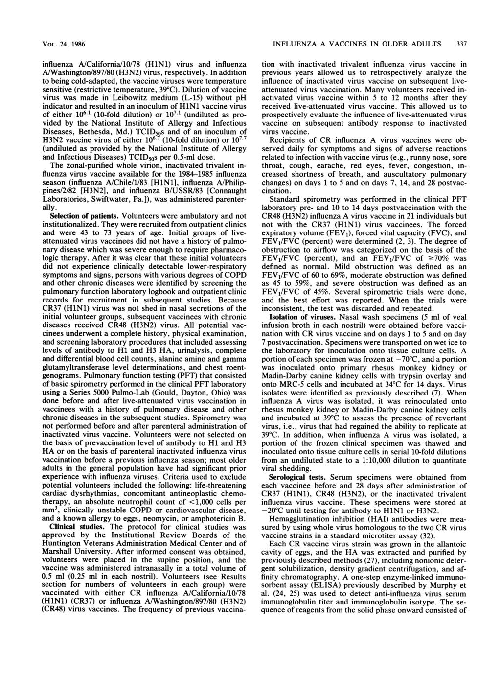 VOL. 24, 1986 influenz A/Cliforni/10/78 (HlNl) virus nd influenz A/Wshington/897/80 (H3N2) virus, respectively.