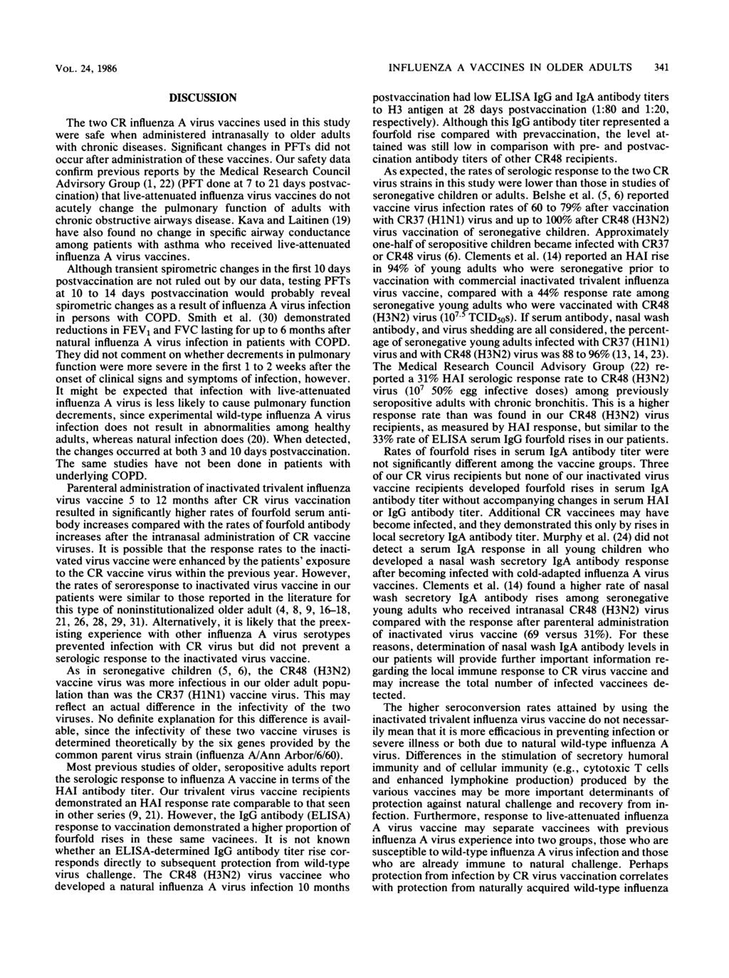 VOL. 24, 1986 DISCUSSION The two CR influenz A virus vccines used in this study were sfe when dministered intrnslly to older dults with chronic diseses.