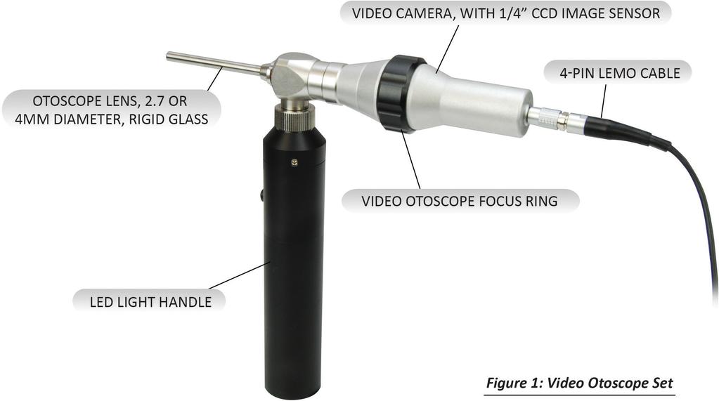 The video otoscope features a manual focus wheel to adjust the focal range for better live images.