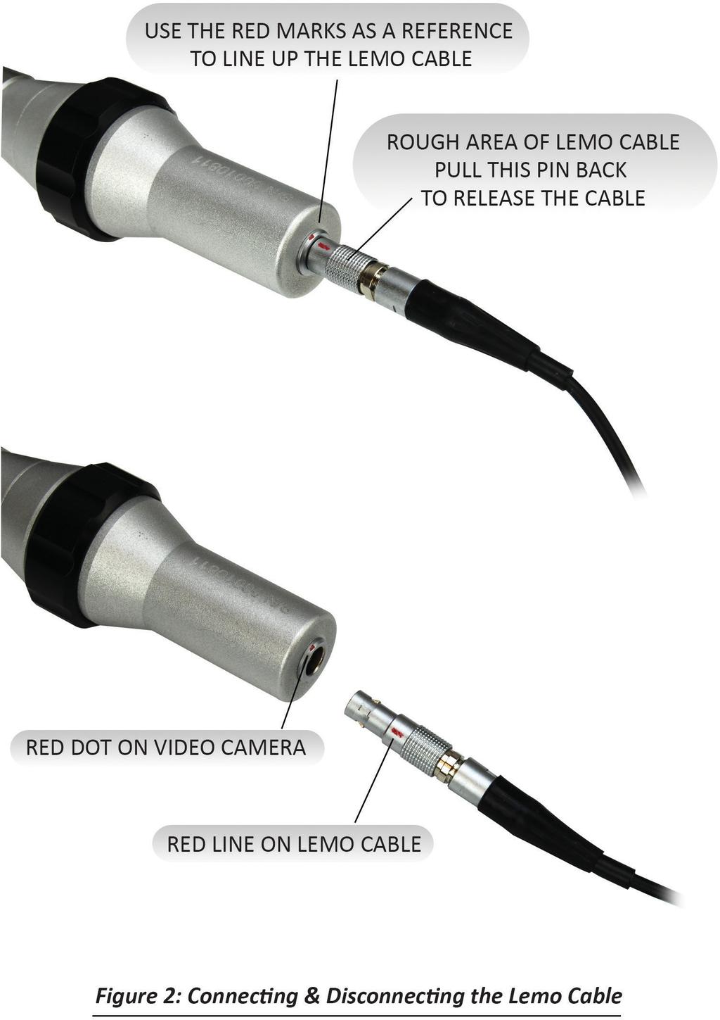 Connect the LEMO Cable Once the Video Otoscope and the LED light handle are connected, plug the 4-pin LEMO cable into the back of the Video Otoscope.