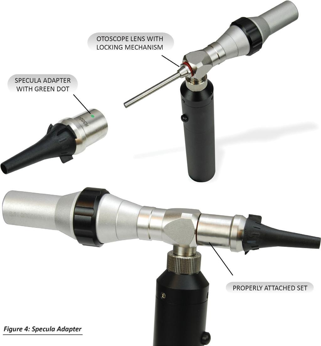 Specula Adapter Once the Video Otoscope is working attach the specula adaptor (Figure 4), and use the disposable tips to perform sanitary otoscopic exams. To do this, locate the green dot on the base.