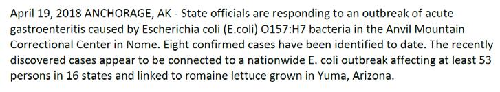 illnesses at a correctional facility Ill people report eating romaine
