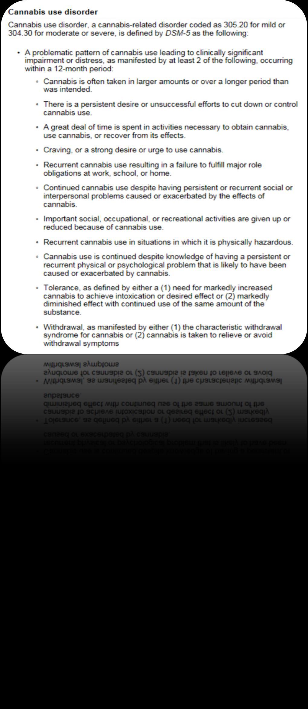 CANNABIS USE DISORDER DSM-5. Diagnostic and Statistical Manual of Mental Disorders (DSM) is the standard classification of mental disorders used in the U.S. by mental health professionals.
