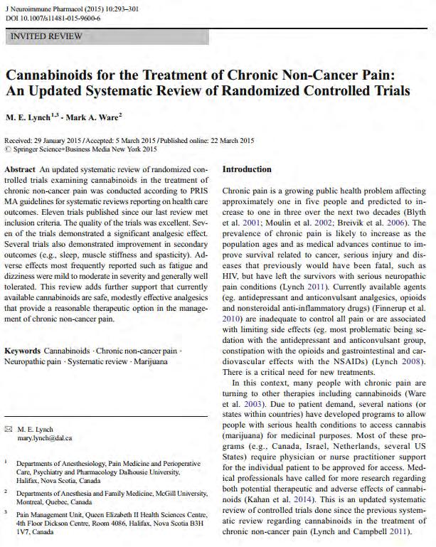 RECENT META-ANALYSES SUPPORT THE USE OF CANNABINOIDS FOR CHRONIC NEUROPATHIC NON CANCER