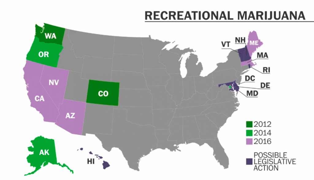 legalize recreational marijuana As of January 2018 9 states AK, CA, ME, MA NV, VT, OR District
