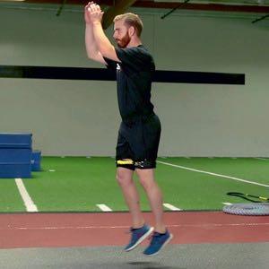 Engage your core and then leap laterally onto your left foot, with your hips shifting backwards, while you bring the right leg behind you left. Use opposite arm swings as you bound side to side 3.