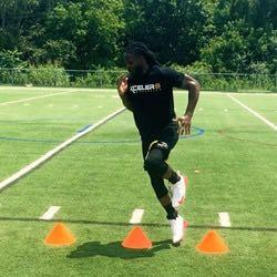 CONE GAUNTLET Enhance stride frequency, single-leg lateral explosiveness, dynamic stability, and balance. 1. Set up 7 cones, every 2 