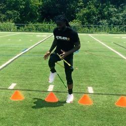 In an athletic stance, perpendicular to the first cone, push off your back foot and drive your lead leg as high as possible, as the lead leg moves back to the ground the opposite leg drives up. 3.