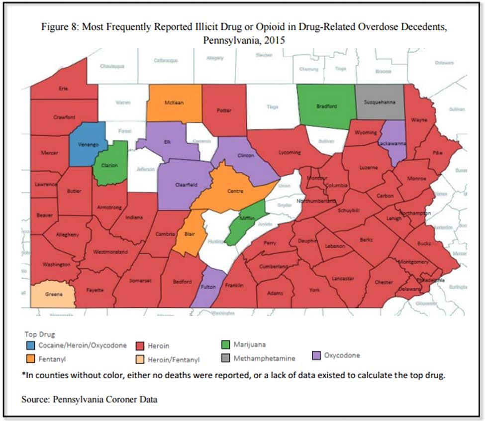 Most Frequent Drug Category in Overdose Deaths, 2015-2016 Sources: Analysis of Drug Overdose Deaths in Pennsylvania, 2015.