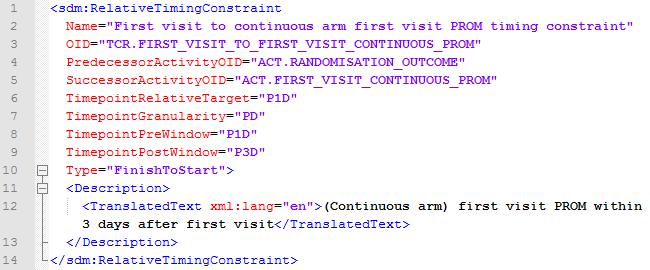 Figure 4. Timing constraint for the first visit PROM collection in the continuous arm Constraints can be absolute and relative.