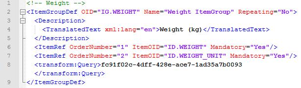 FormRef element for an event visit CROM ItemGroupDef: Describes an item group that can occur in a study. Figure 8 shows the weight item group definition.