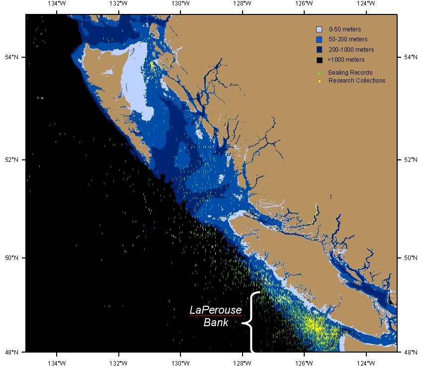 Figure 3. Distribution of northern fur seals in coastal waters off British Columbia based on locations of seals harvested during 18911911 and research specimens collected during 19581974.