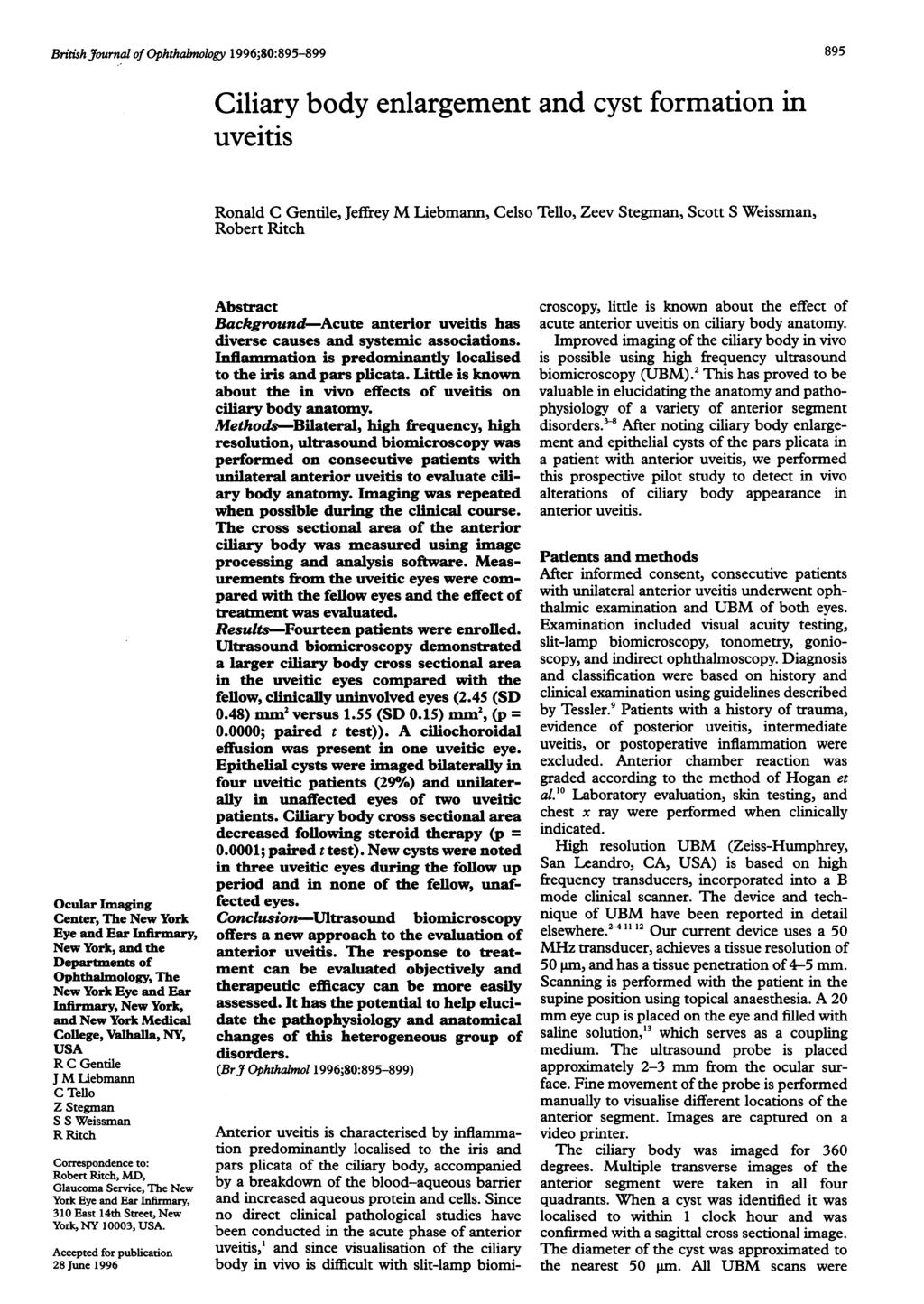 British Journal of Ophthalmology 1996;80:895-899 Ocular Imnaging Center, The New York Eye and Ear Infirmary, New York, and the Departments of Ophthalmology, The New York Eye and Ear Infirmary, New