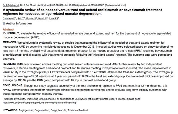 Systematic Review:The study suggests superiority of Treat and Extend regimen to PRN in a 12 month period Prospective Trial of Treat-and-Extend versus Monthly