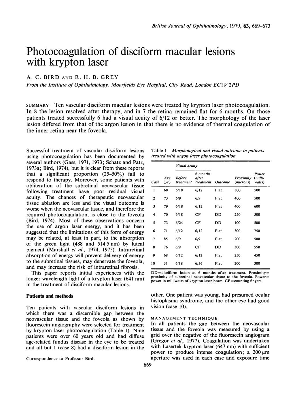 British Journal of Ophthalmology, 1979, 63, 669-673 Photocoagulation of disciform macular lesions with krypton laser A. C. BI