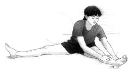 With your legs in the same position, exhale and turn your torso to the left. Leaning across your left leg, stretch and exhale. Hold this position and breathe, for 15 to 30 seconds.