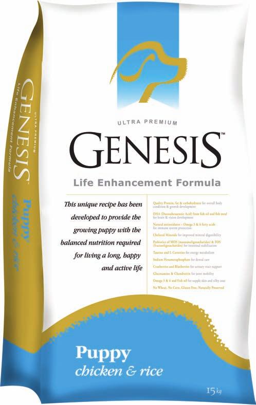 Genesis Puppy chicken and rice Genesis Puppy is a complete and balanced formula that is fortified with the proper levels of vitamins and chelated minerals to ensure that your puppy receives the