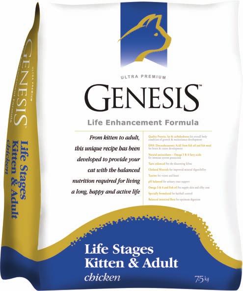 Genesis Life Stages Kitten & Adult chicken and rice The cat is a carnivore. They are engineered for protein and have a drive for meat.