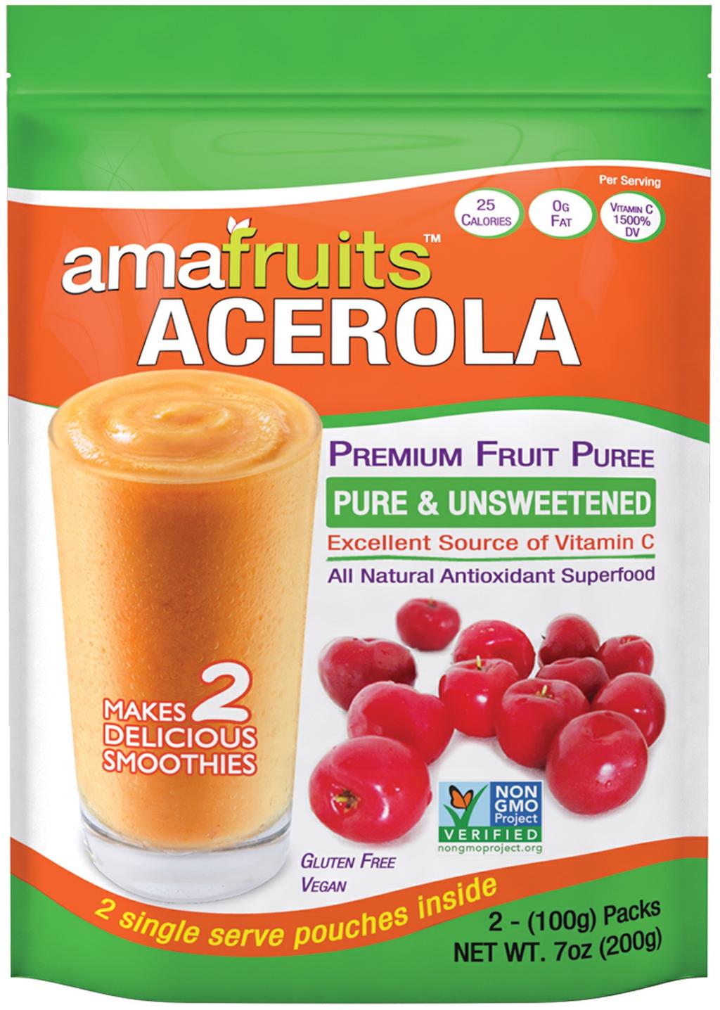 Vitamin C: About 4oz of acerola pure has the same amount of vitamin C as 470 oz of orange juice Vitamin A: A single acerola cherry can provide the same amount of Vitamin A as an entire carrot!