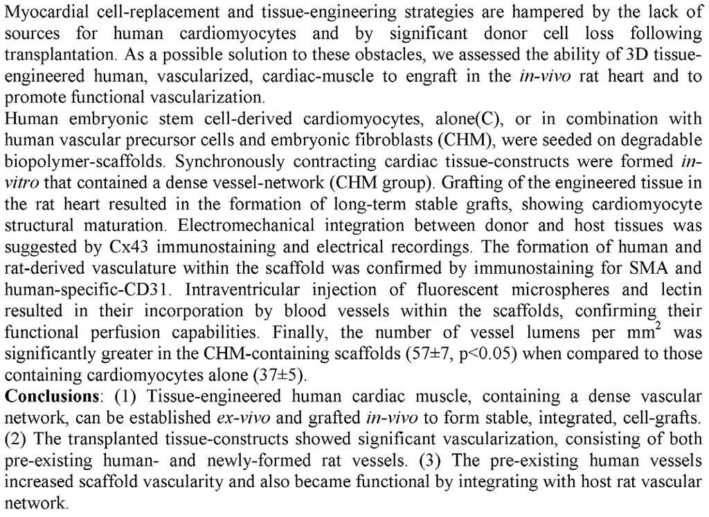 In Vivo Engraftment of Tissue-Engineered Human Vascularized Cardiac Muscle Manhal Habib 1,Ayelet Lesman 2,Oren Caspi 1,Yaara Basevitch 2,Amira Gepstein 1,Gil Arbel 1, Irit Huber 1, Shulamit Levenberg