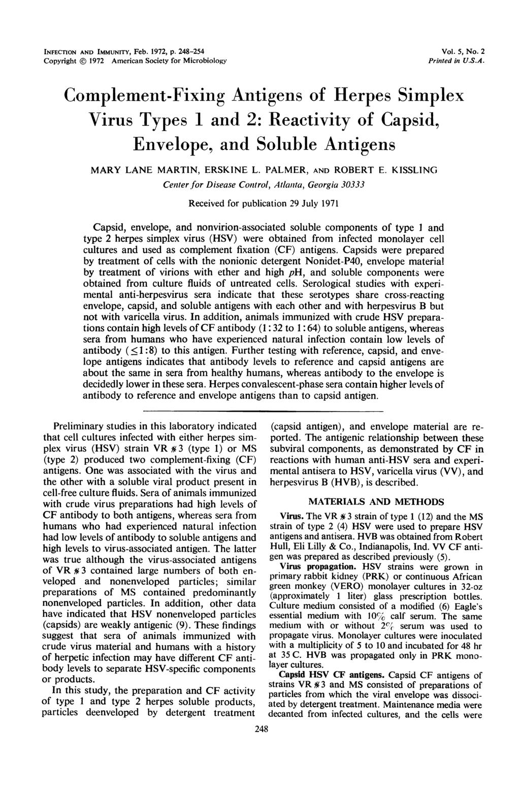 INFECTION AND IMMUNITY, Feb. 1972, p. 248-254 Copyright 1972 American Society for Microbiology Vol. 5, No. 2 Printed in U.S.A. Complement-Fixing Antigens of Herpes Simplex Virus Types 1 and 2: Reactivity of Capsid, Envelope, and Soluble Antigens MARY LANE MARTIN, ERSKINE L.