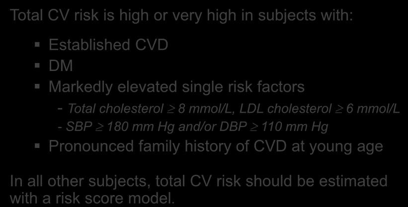 Assessment of Total CV Risk General rule according to European Guidelines Total CV risk is high or very high in subjects with: Established CVD DM Markedly elevated single risk factors - Total