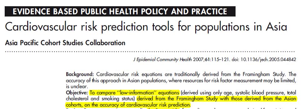 Identification of people at risk Risk assessement in the Asian-Pacific region The Asia Pacific Cohort Studies Collaboration APCSC Objective To compare low-information