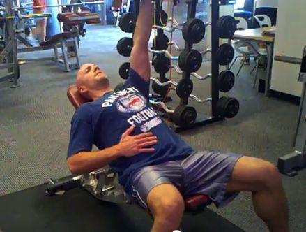 1-Arm DB Incline Chest Press Set an incline bench two notches above the lat position.
