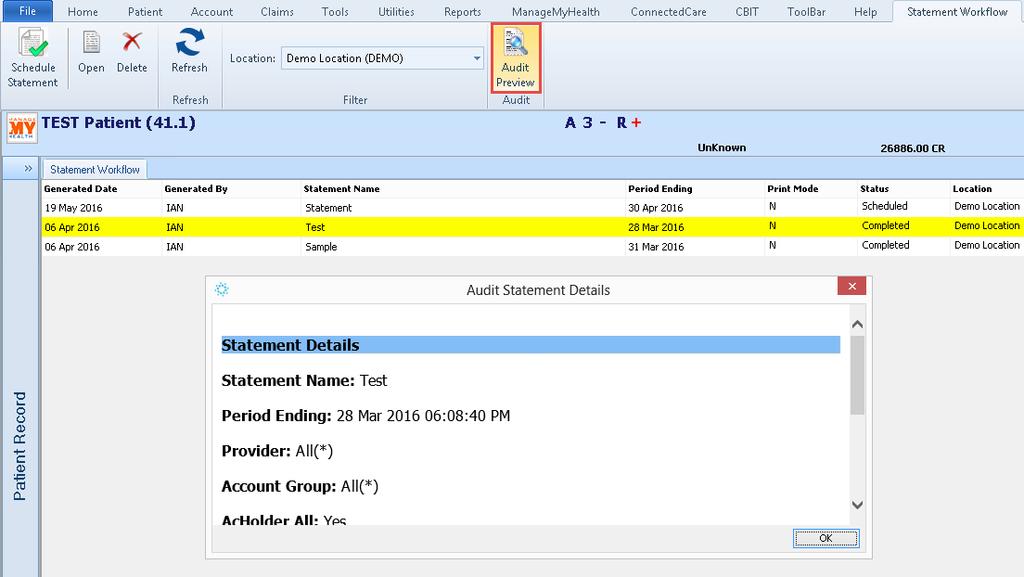 Audit Preview Option in Statement Workflow Account Statement Workflow An Audit Preview icon has been introduced within