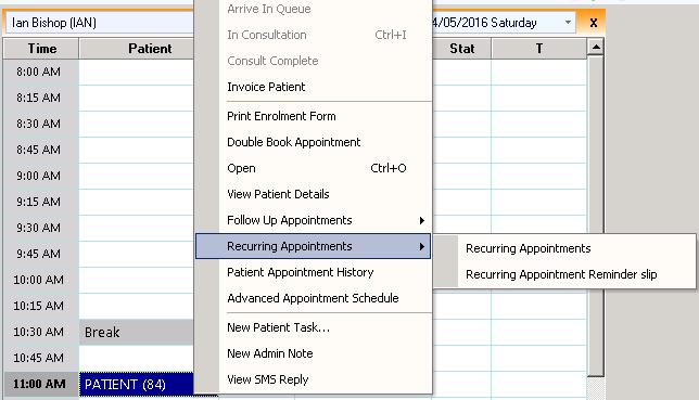 Recurring Appointment option in Appointment Book Appointment Appointment Books Users can book recurring appointments for the patient by right clicking on the patient s appointment timeslot in the