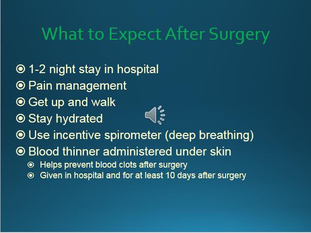 After surgery, patients are usually in the hospital for 1-2 nights. Most people experience minimal pain, often felt around the incision sites and as gas pains.