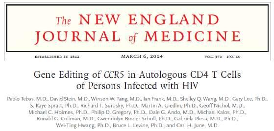 Modify CD4 cells to make them impervious to HIV (Gene Therapy) Infusion of autologous CD4 cells in which CCR5 gene (encodes HIV coreceptor) excised by zinc-finger nuclease Modified CD4 cells: