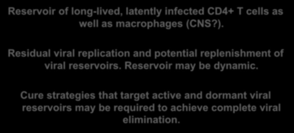 Summary! Reservoir of long-lived, latently infected CD4+ T cells as well as macrophages (CNS?).