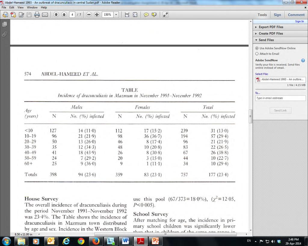 Table 1. Incidence of Guinea Worm Disease in Mazmum Knowledge, Attitude and Practices Questionnaire Data Two-hundred and eighty respondents (56.