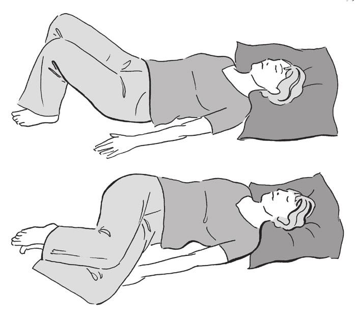 Knee rolling Hollow your abdomen, and gently lower both knees to the right as far as is comfortable. Bring them back to the middle and rest for a few seconds.