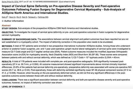 Cervical deformity is associated with greater disability and poorer QOL in DCM N=178 AOSpine CSM-NA or CSM-I C2-7 Cobb and C2-7 SVA Pre-operative and 1-year post-operative Deformity defined as 1)