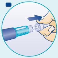 Remove the protective tab from a NovoFine needle (8mm 30 G or smaller) and screw the needle securely onto the pen. B! Always use a new needle for each injection.