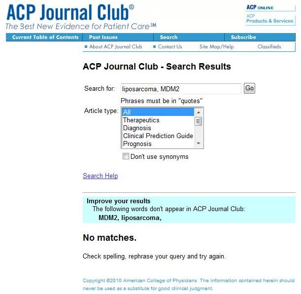 Synopses ACP Journal Club Key words: