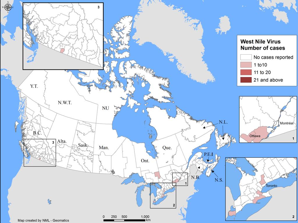 FIGURE 1: Geographic distribution of West Nile